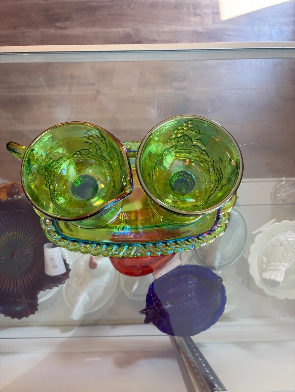 Indiana Glass Harvest Grape Lime Green Carnival Cream Sugar Tray Set
